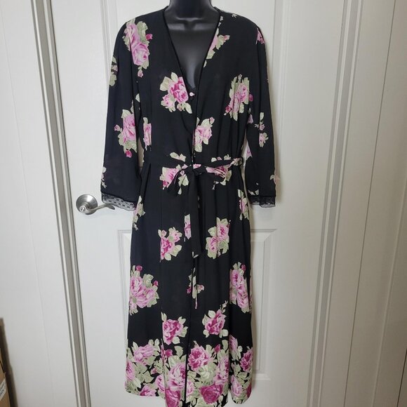 VTG Oscar de la Renta Pink Label M/L Black Pink Roses Floral Robe Nightgown Set - Picture 3 of 13